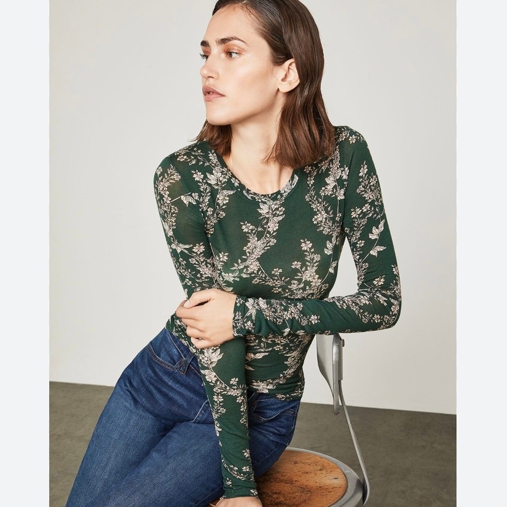 BCBGMAXAZRIA Floral Semi Sheer Long Sleeve Top Green NWT Size XXS
